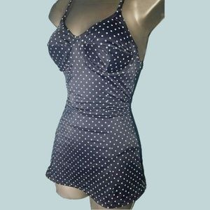 Navy Blue White Polka dot Swim dress M